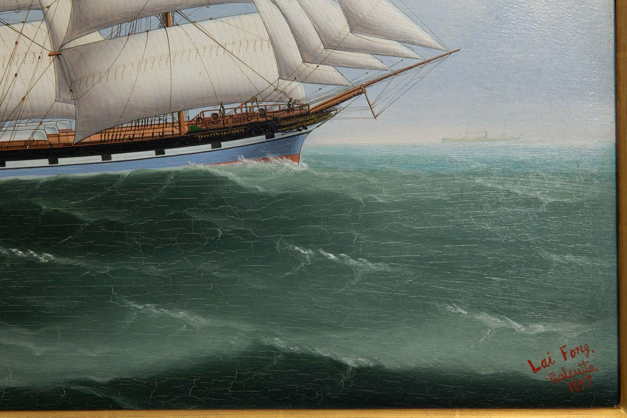 Canvas China Trade Nautical Seascape of Ship “County of Caithness” (1897) by Lai Fong For Sale