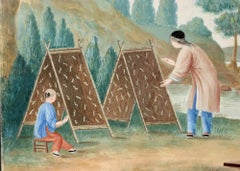 China Trade Painting on Paper depicting the Feeding of Silkworms