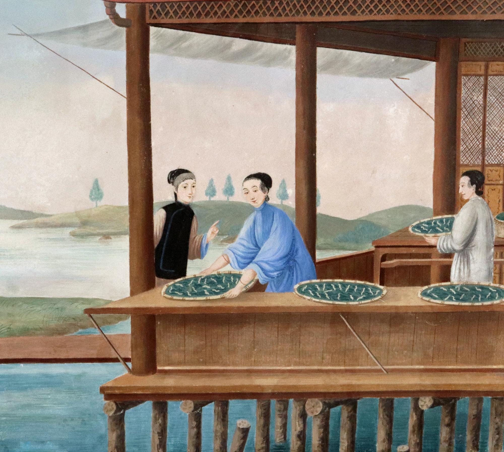 China Trade Painting on Paper depicting Feeding of Silkworms In Good Condition For Sale In Downingtown, PA