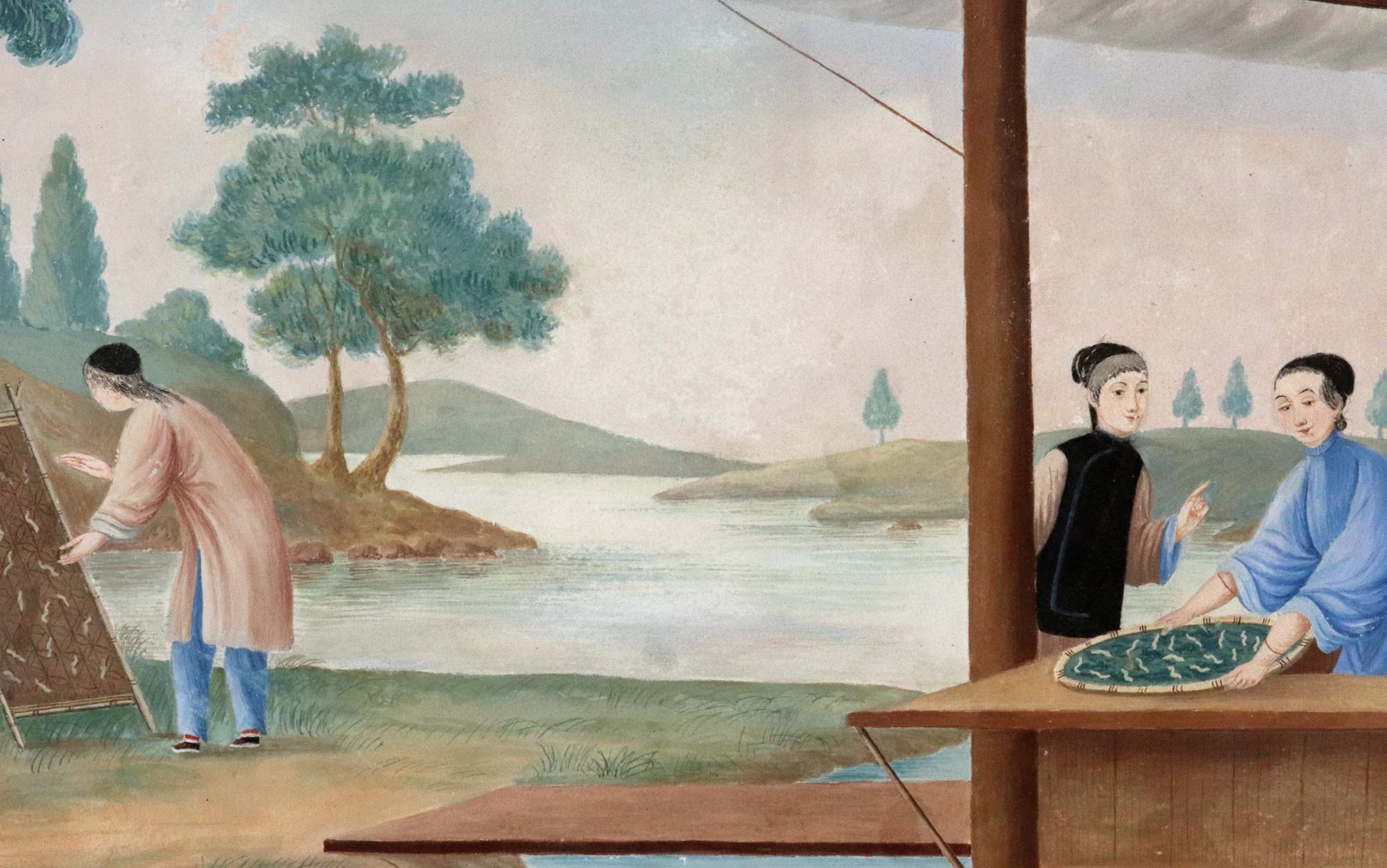 18th Century China Trade Painting on Paper depicting Feeding of Silkworms For Sale