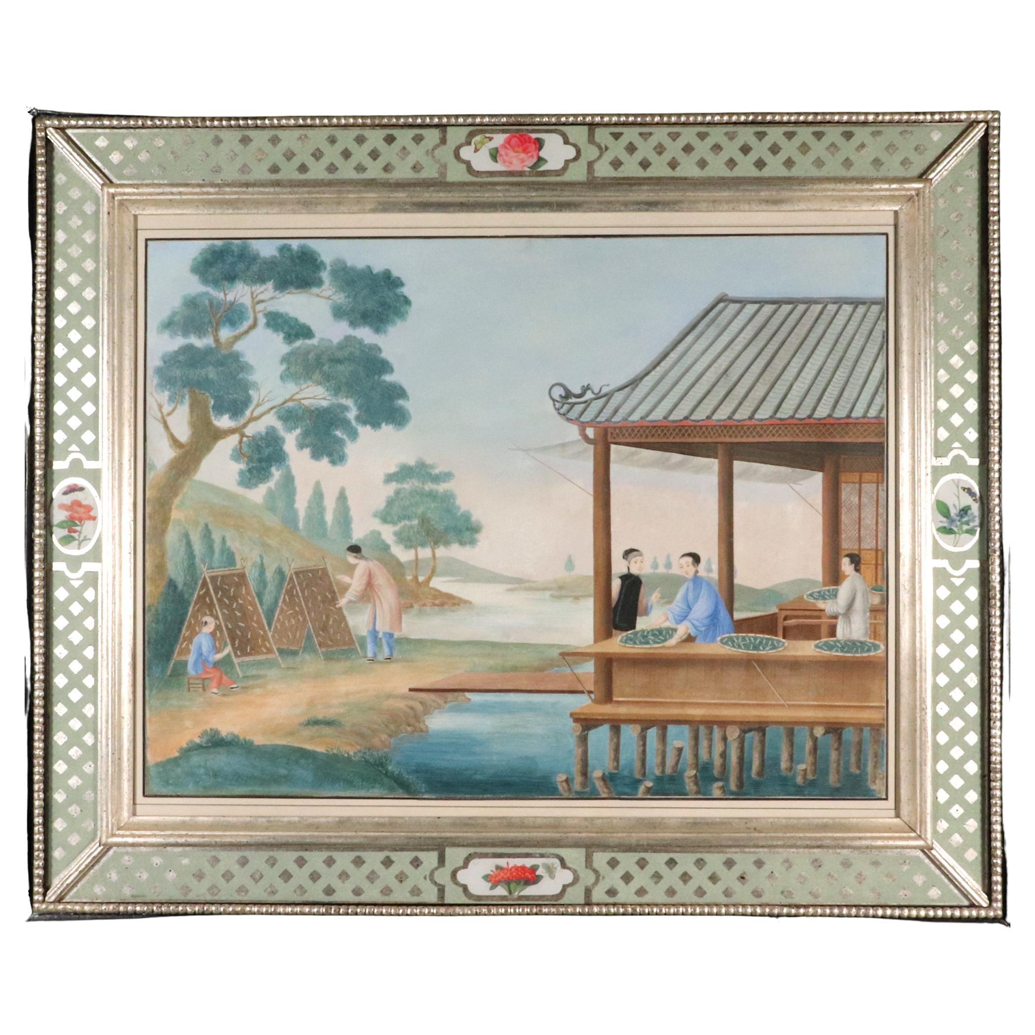 Pintura sobre papel de China Trade que representa la alimentación de los gusanos de seda