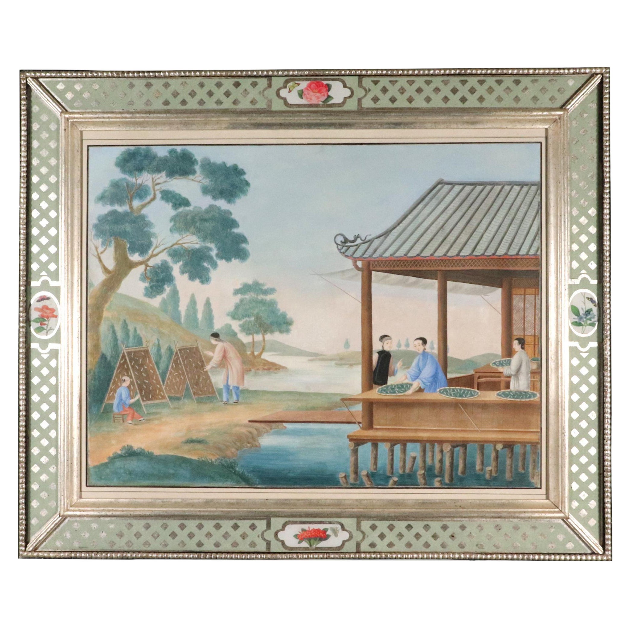 China Trade Painting on Paper depicting the Feeding of Silkworms