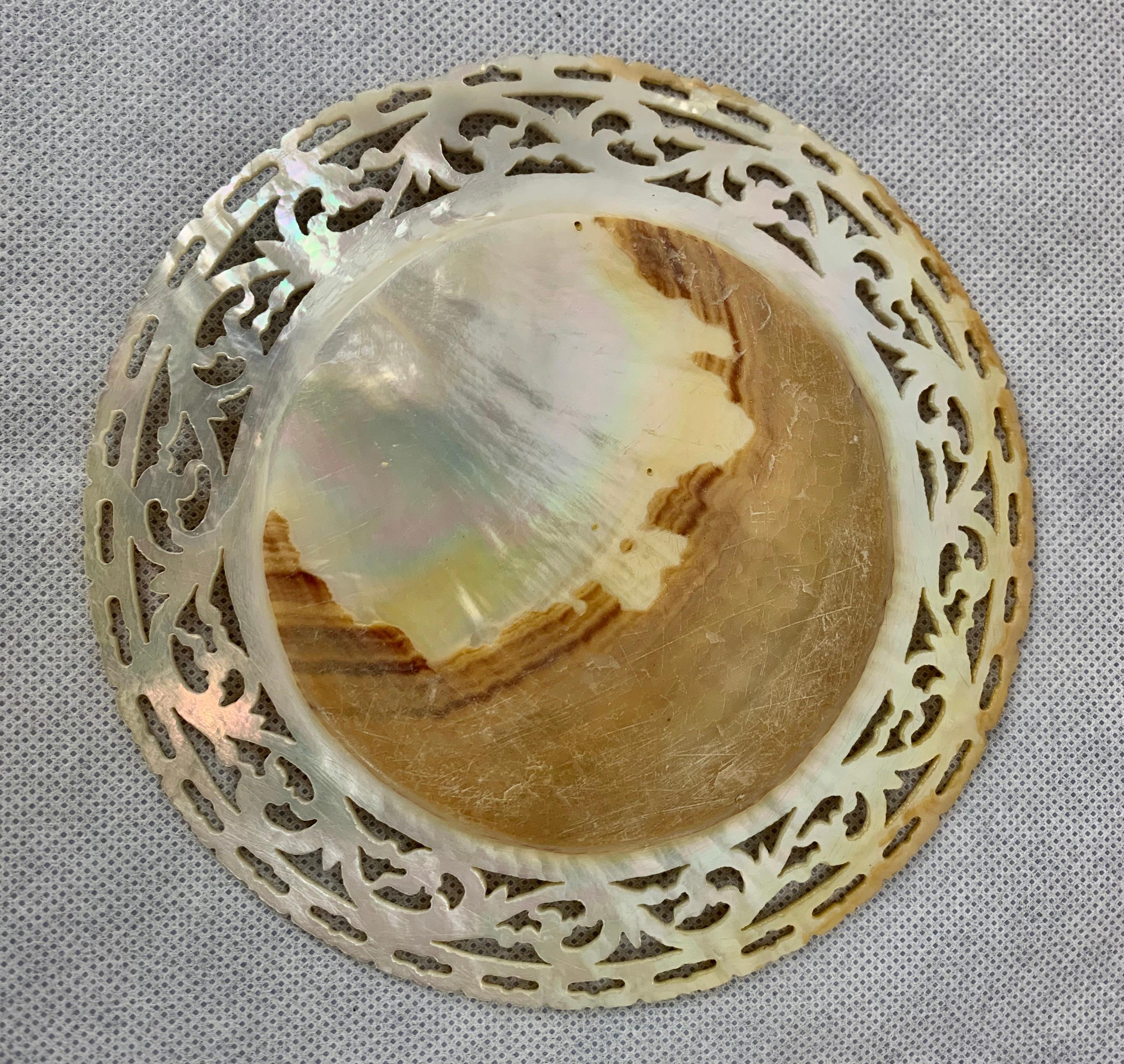 Hand-Carved   Reticulated and Carved Mother of Pearl Caviar Dish-China Trade Period 