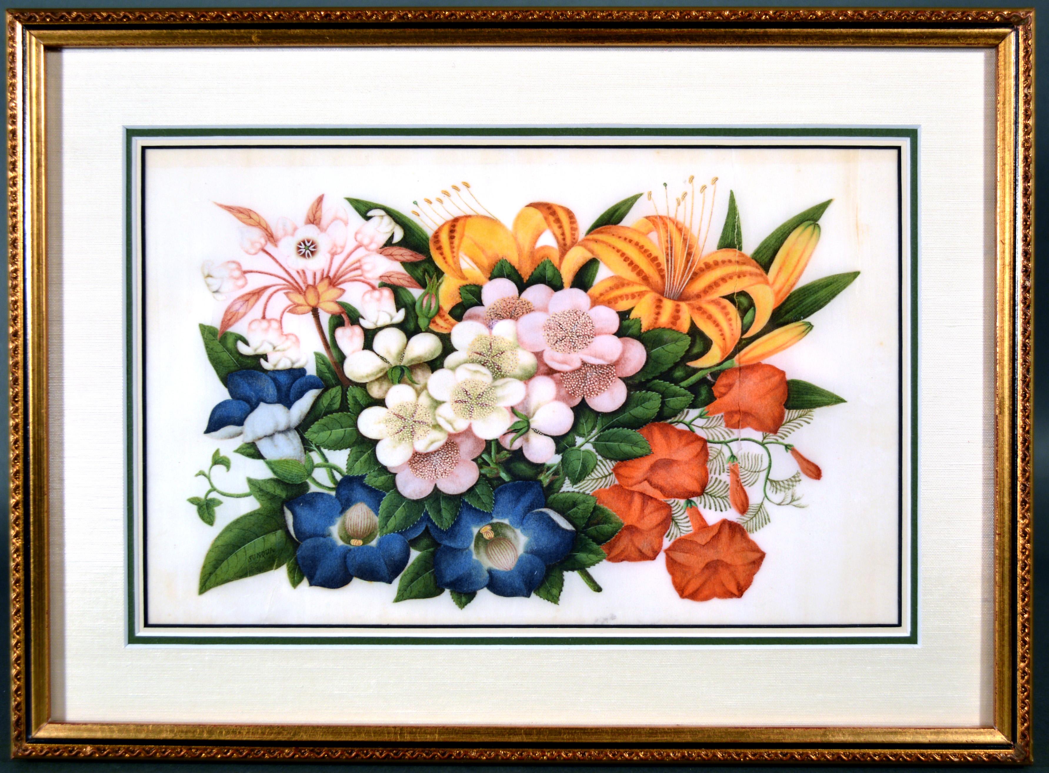 Chinese Export China Trade Set of Six Sunqua Still Life of Fruit & Flowers Paintings For Sale
