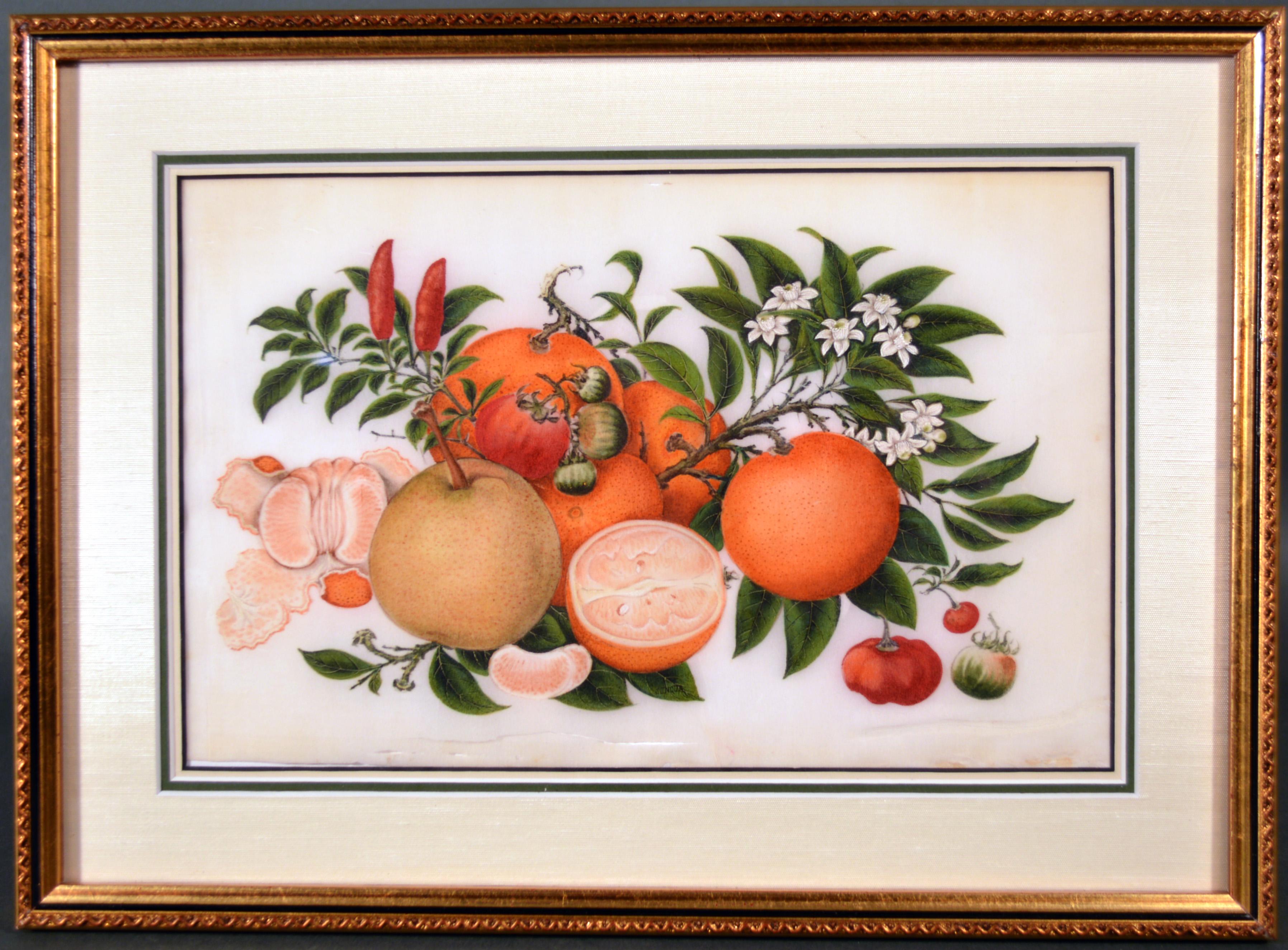 Ensemble de six peintures de natures mortes de fruits et de fleurs de Sunqua (Chine) Bon état - En vente à Downingtown, PA