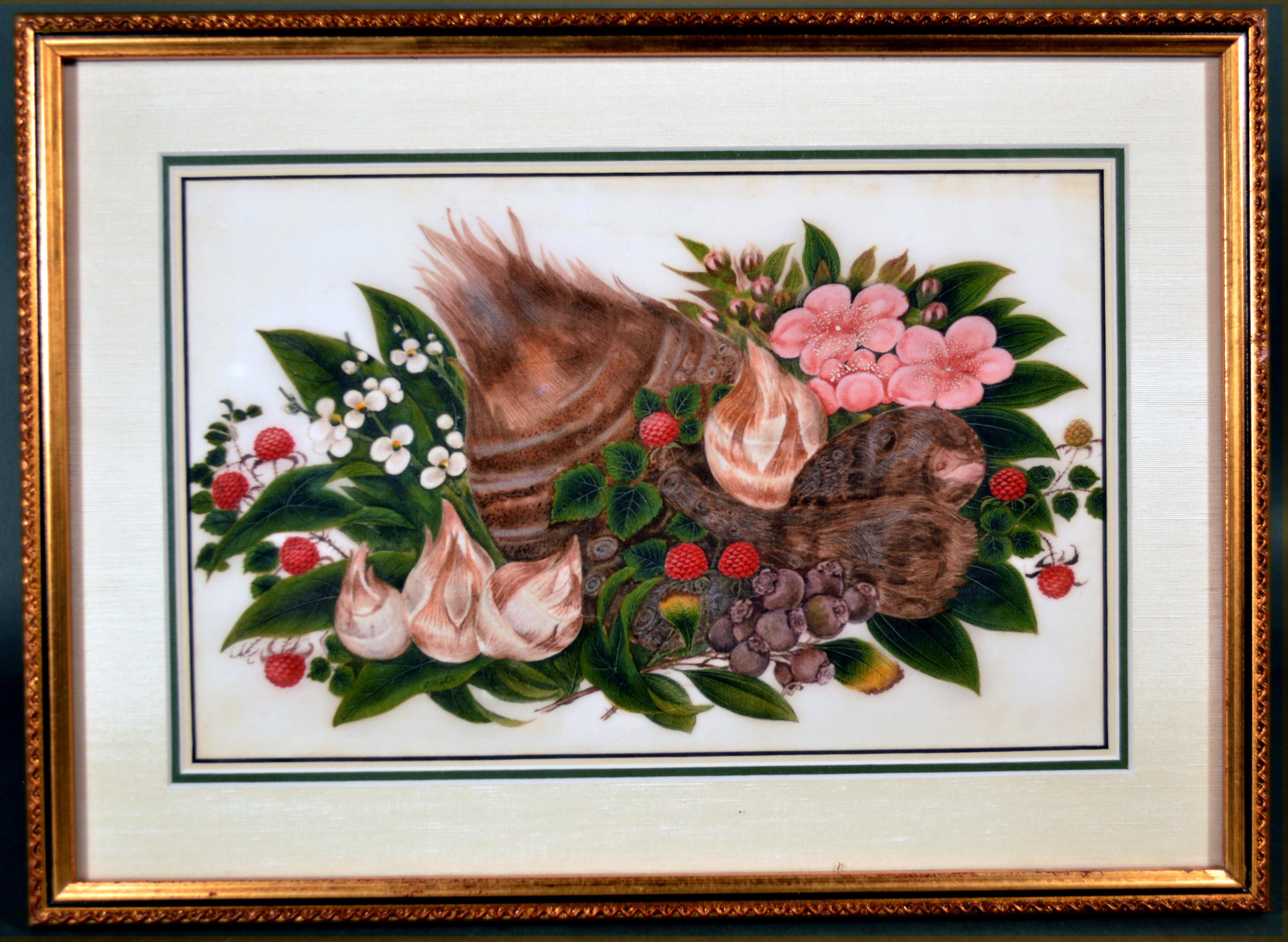 19th Century China Trade Set of Six Sunqua Still Life of Fruit & Flowers Paintings For Sale