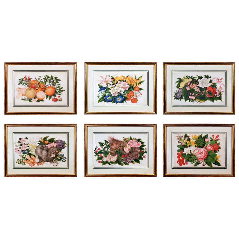 China Trade Set of Six Gouache Still Life of Fruit & Flowers on Pith Paper For Sale