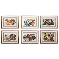 China Trade Set of Six Sunqua Still Life of Fruit & Flowers Paintings