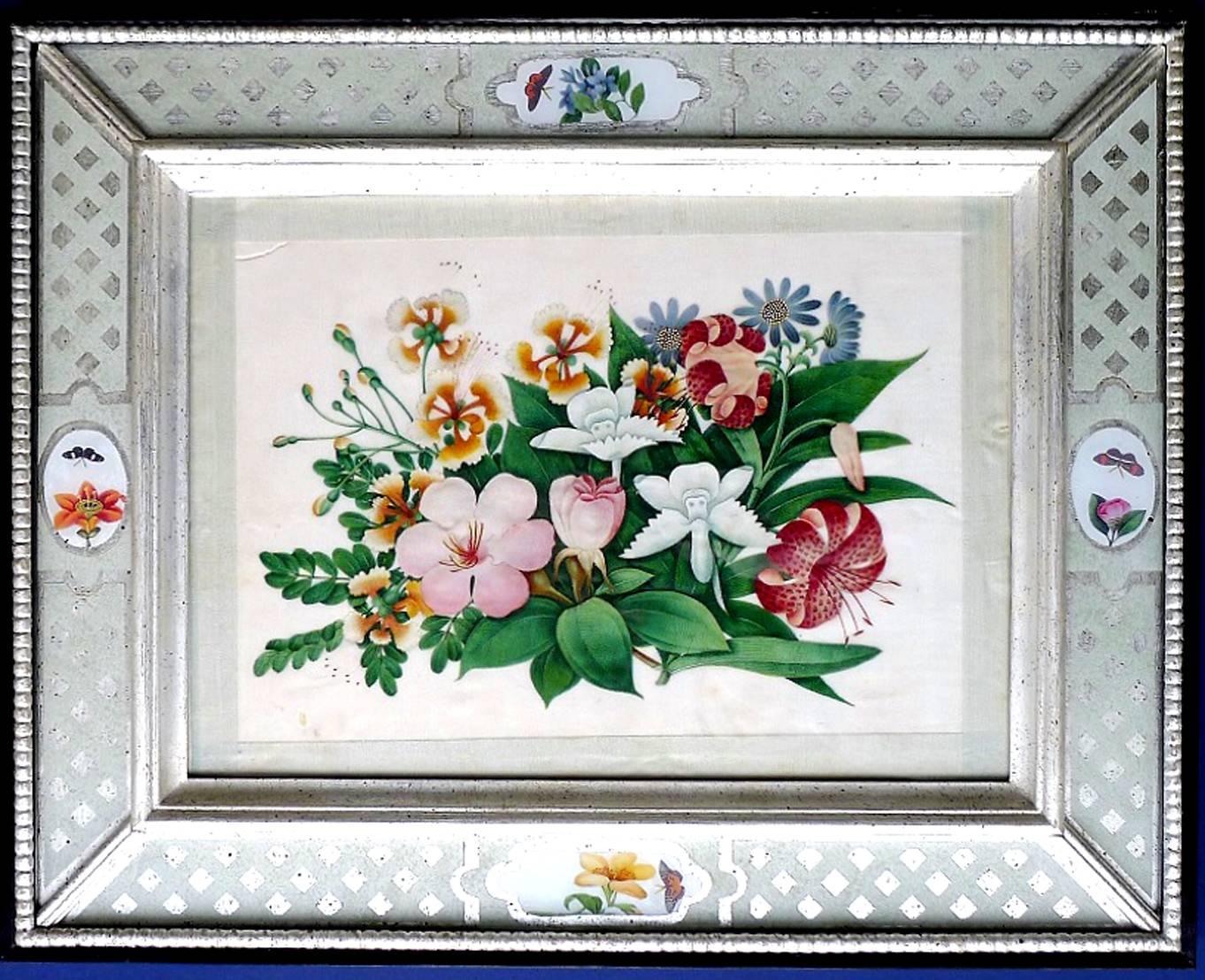China trade set of twelve botanical flower pith paper paintings,
decoupage frames,
circa 1840.

The set of twelve fine paintings of flowers on pith paper with original silks within beautiful decoupage frames
These most delicate and detailed