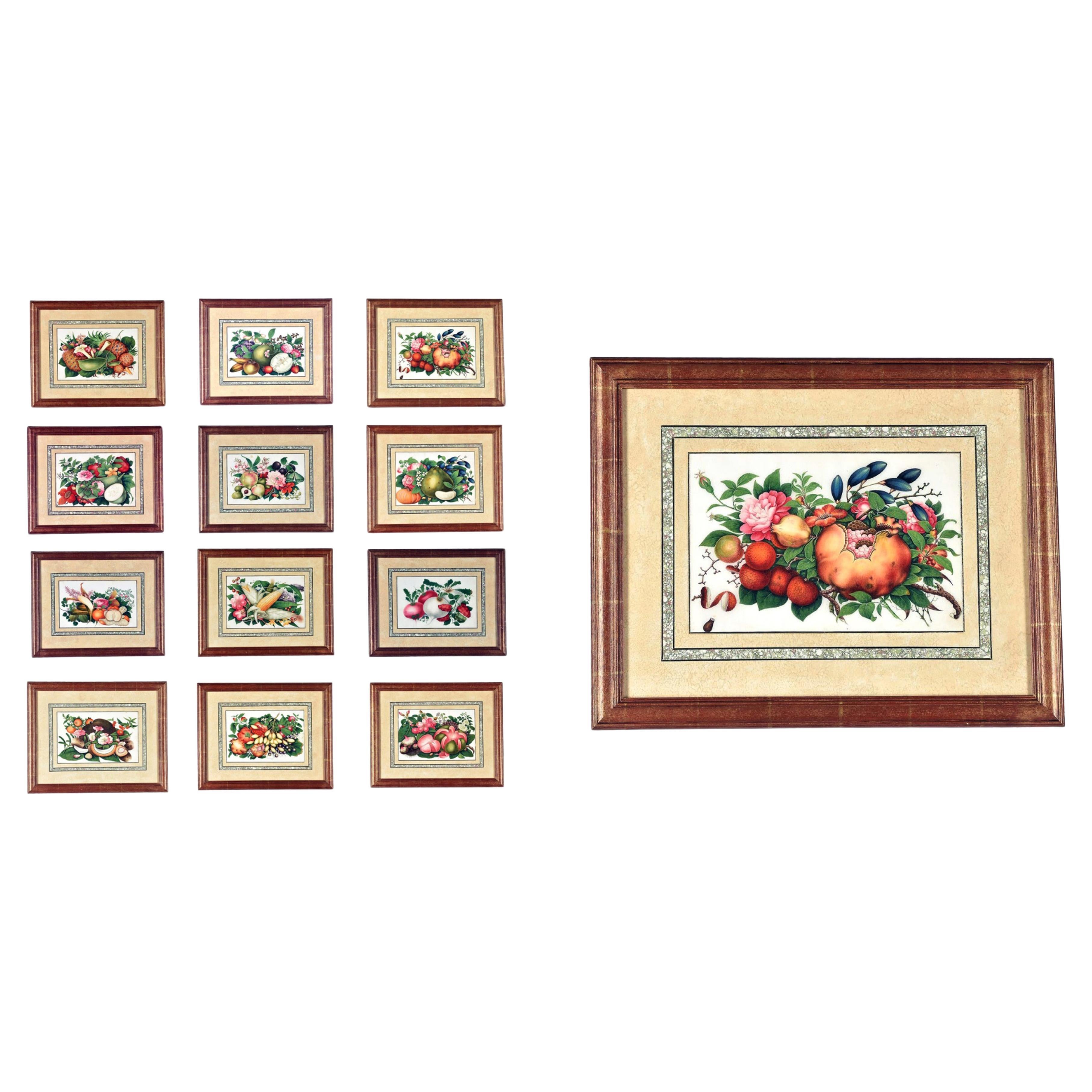 China Trade Watercolor & Gouache Set of Twelve Paintings of Fruit & Flowers