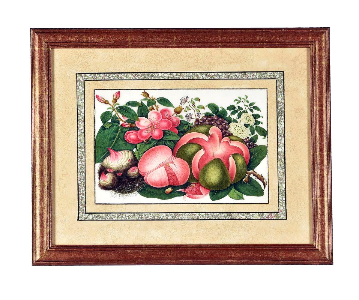 China Trade Watercolor & Gouache Set of Twelve Paintings of Fruit & Flowers For Sale 2