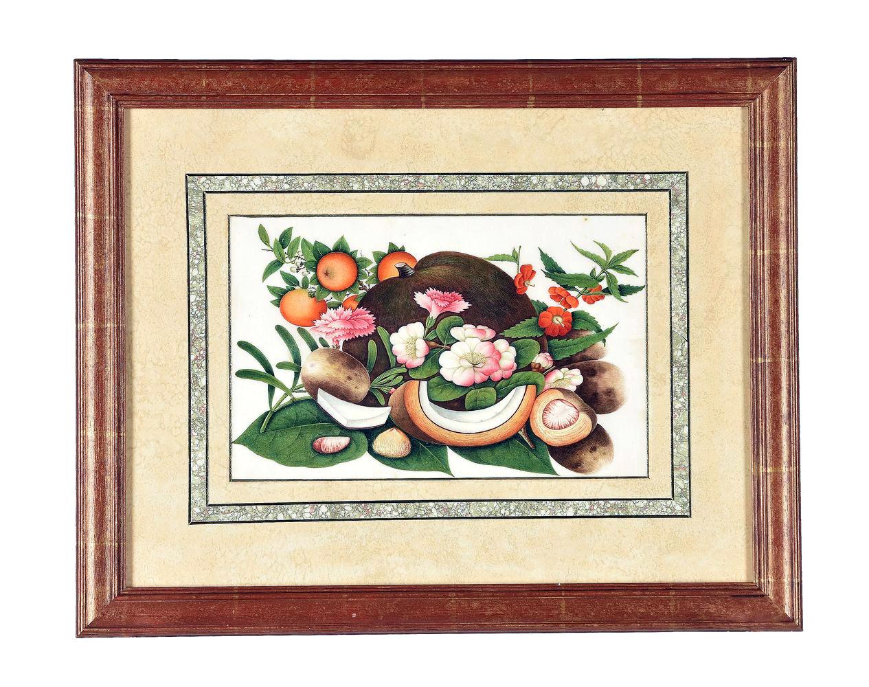 Superb quality painting!

China Trade Watercolor & Gouache on pith paper,
 Set of twelve paintings of fruit and flowers,
Circa 1850-1860

The set of twelve China trade watercolor still life paintings, each different and of the finest quality,