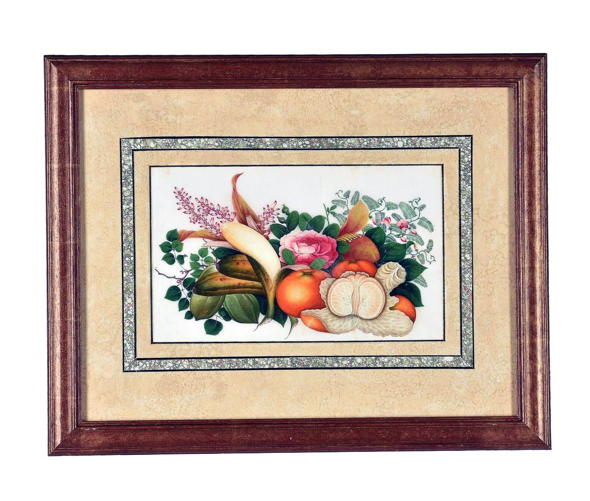 China Trade Watercolor & Gouache Set of Twelve Paintings of Fruit & Flowers For Sale 1