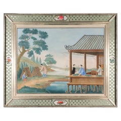 China Trade Watercolor of Silk Production, Feeding of Silkworms, Églomisé Frame