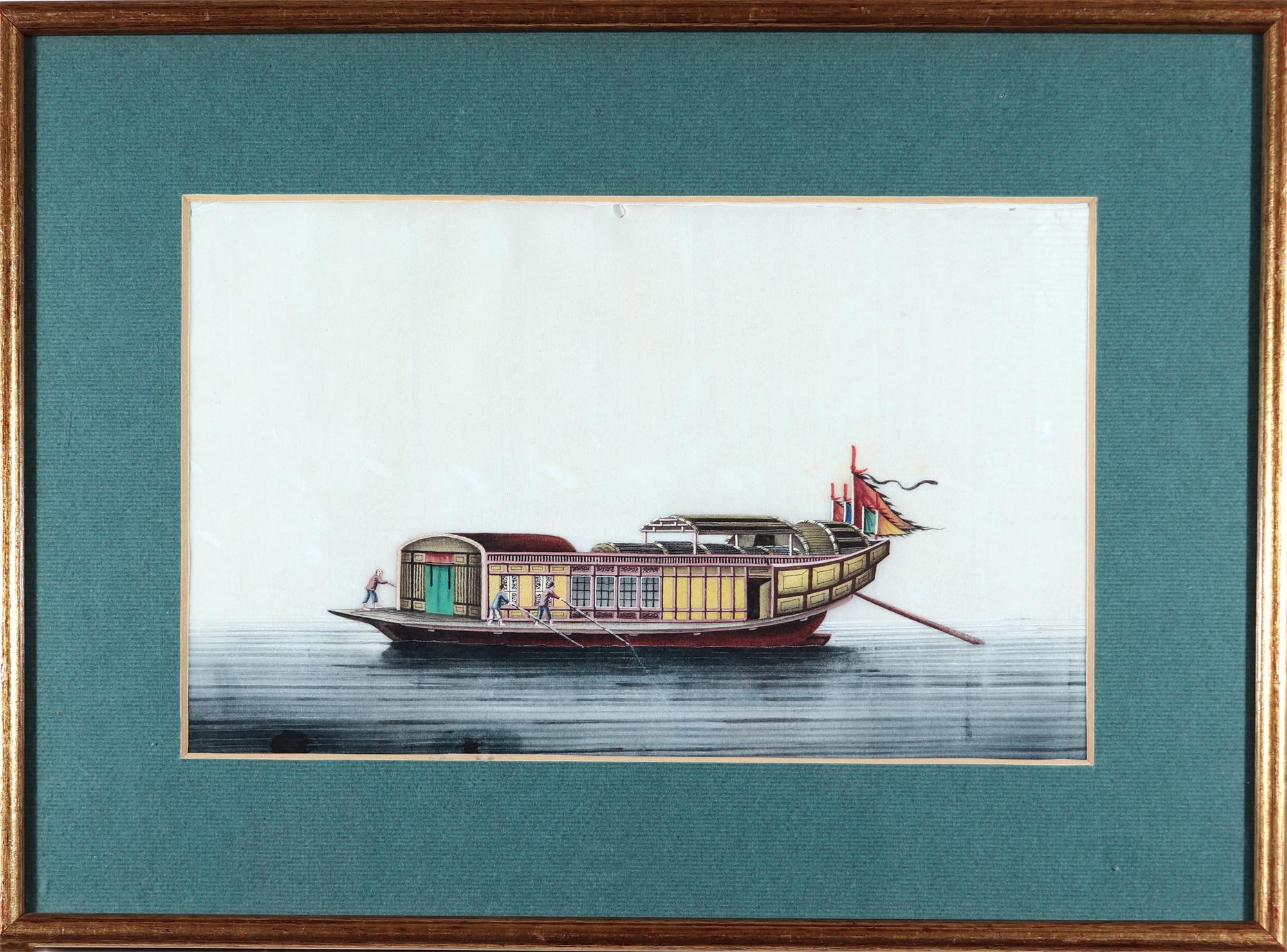 China trade watercolor pictures of junks & sampans,
Set of Five,
Circa 1850

The Chinese watercolor paintings on pith paper each depict a different Chinese ship. The pith paper pictures are mounted within a gilt frame with a wide green