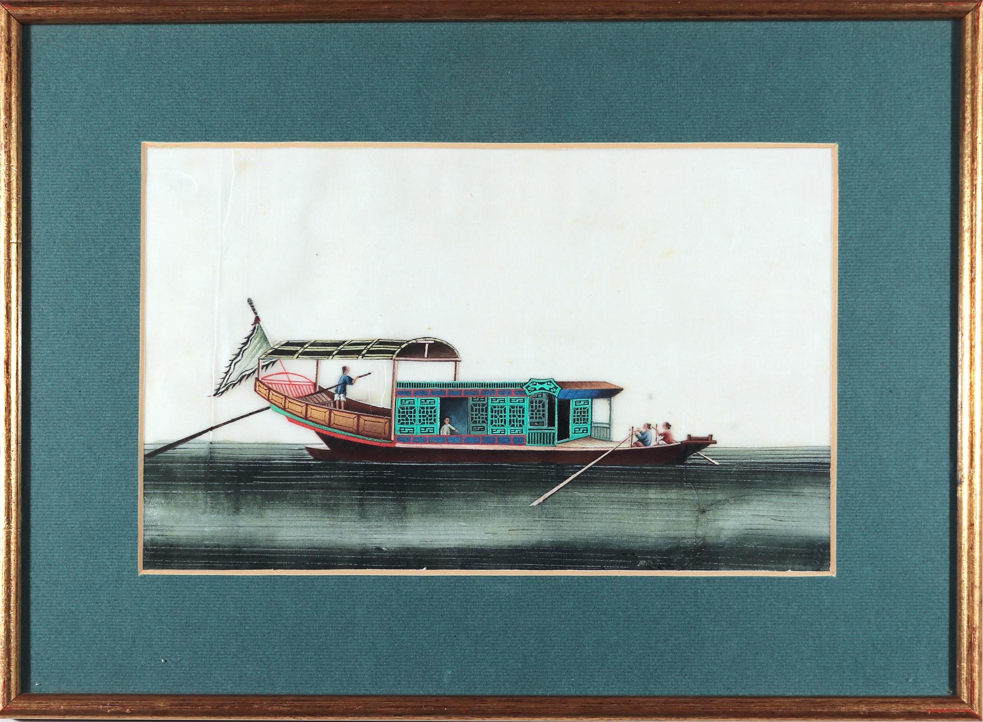 China Trade Watercolor Pictures of Junks & Sampans, Set of Five In Good Condition For Sale In Downingtown, PA