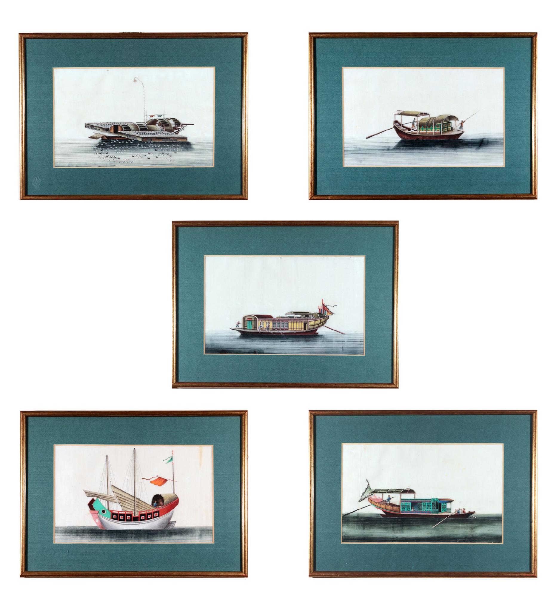 China Trade Watercolor Pictures of Junks & Sampans, Set of Five For Sale 2