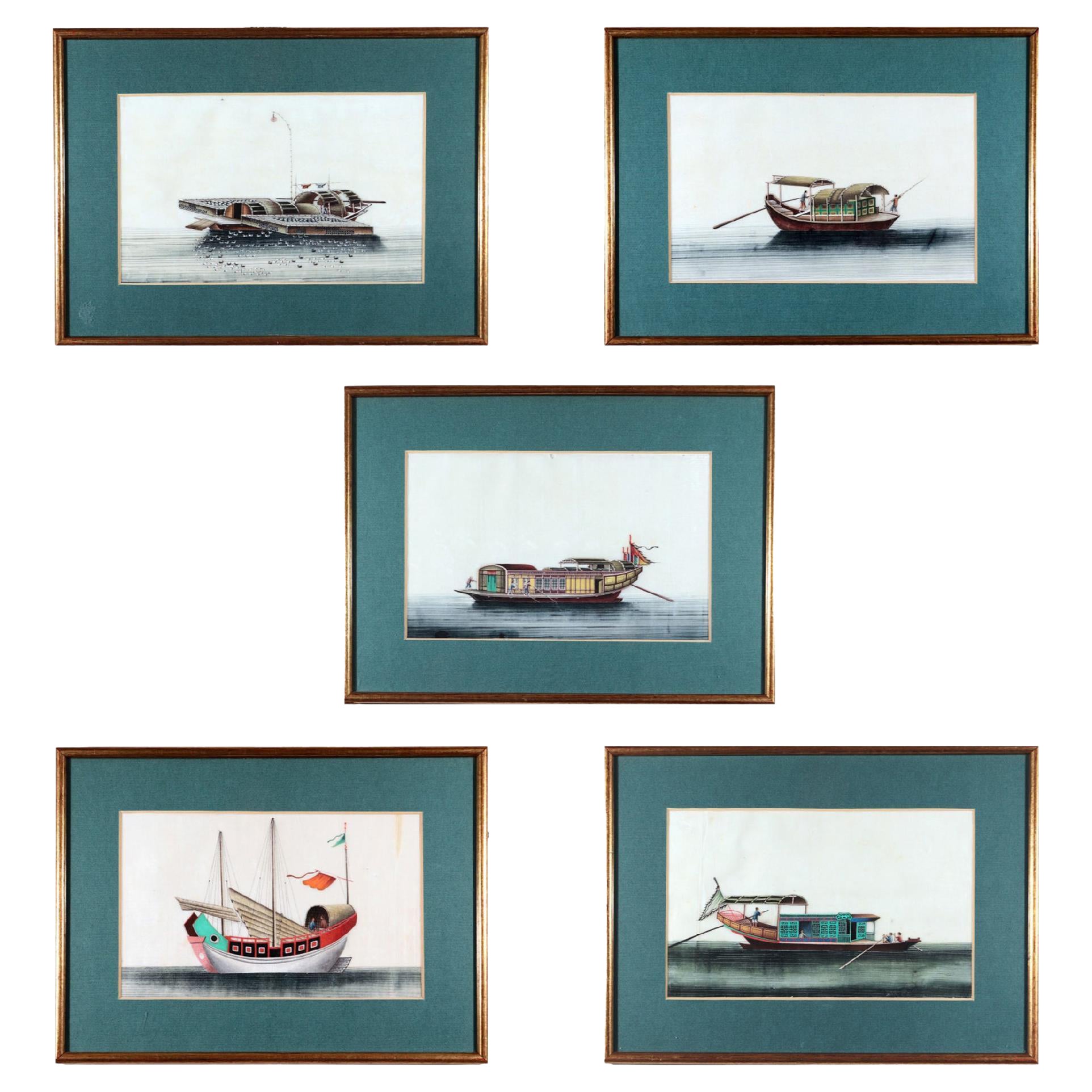 China Trade Watercolor Pictures of Junks & Sampans, Set of Five