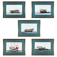 China Trade Watercolor Pictures of Junks & Sampans, Set of Five