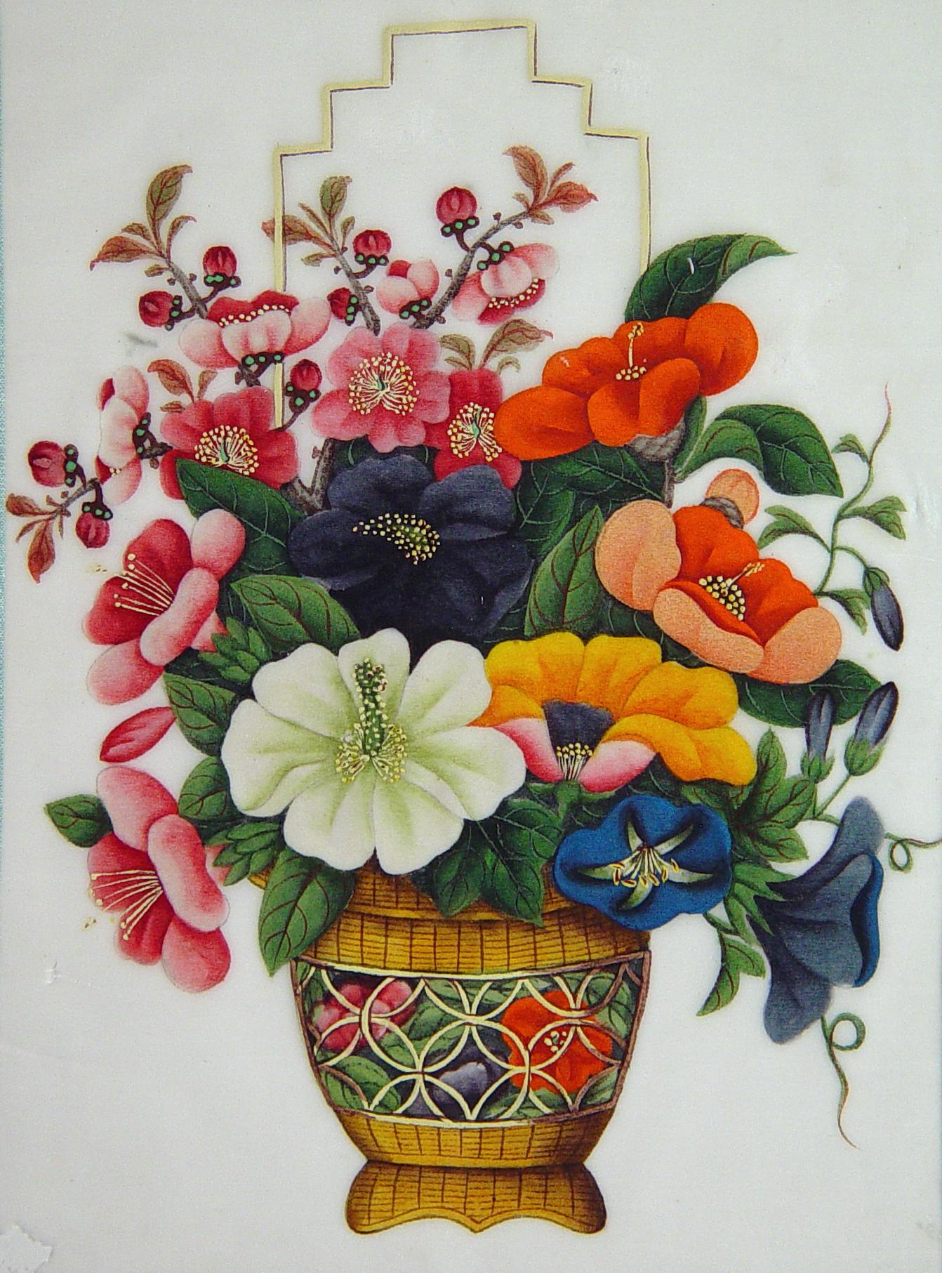 China Trade Watercolors on Pith Paper of Flower Baskets,
Circa 1850.

The watercolors on pith paper framed vertically within Chinoiserie black and gold frames depict flowers within hanging wicker baskets.  The border still with the original blue