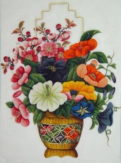 China Trade Watercolors of Flower Baskets with Chinoiserie Frames, A Set of Six