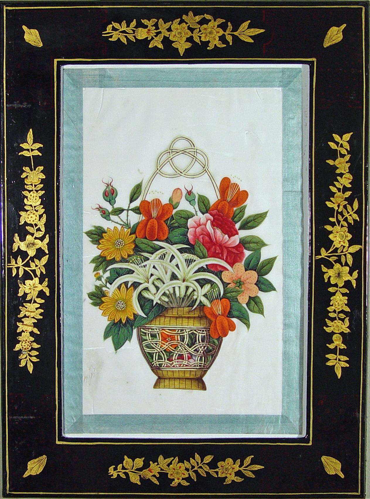 Chinese Export China Trade Watercolors of Flower Baskets with Chinoiserie Frames, A Set of Six For Sale