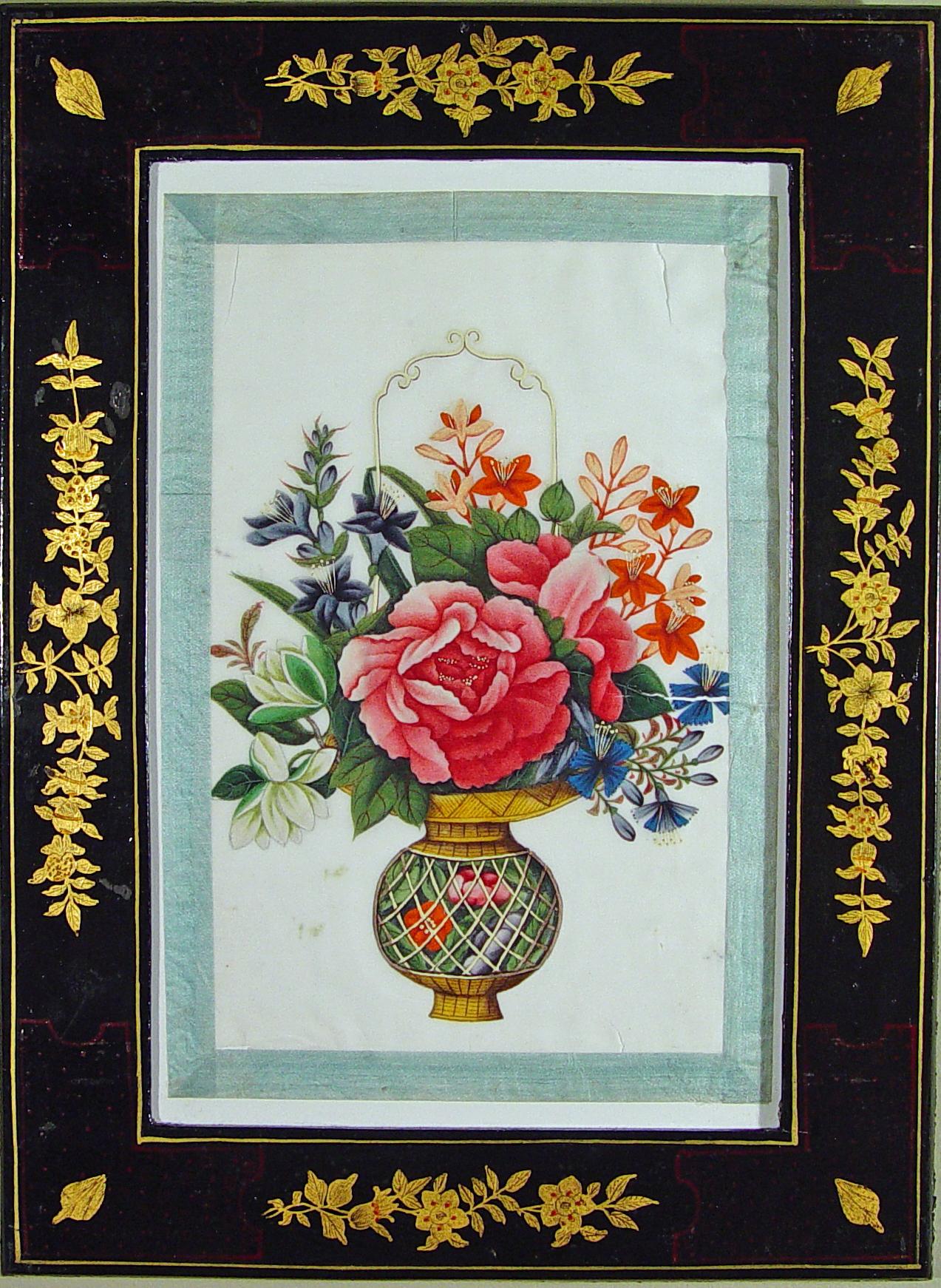China Trade Watercolors of Flower Baskets with Chinoiserie Frames, A Set of Six In Good Condition For Sale In Downingtown, PA