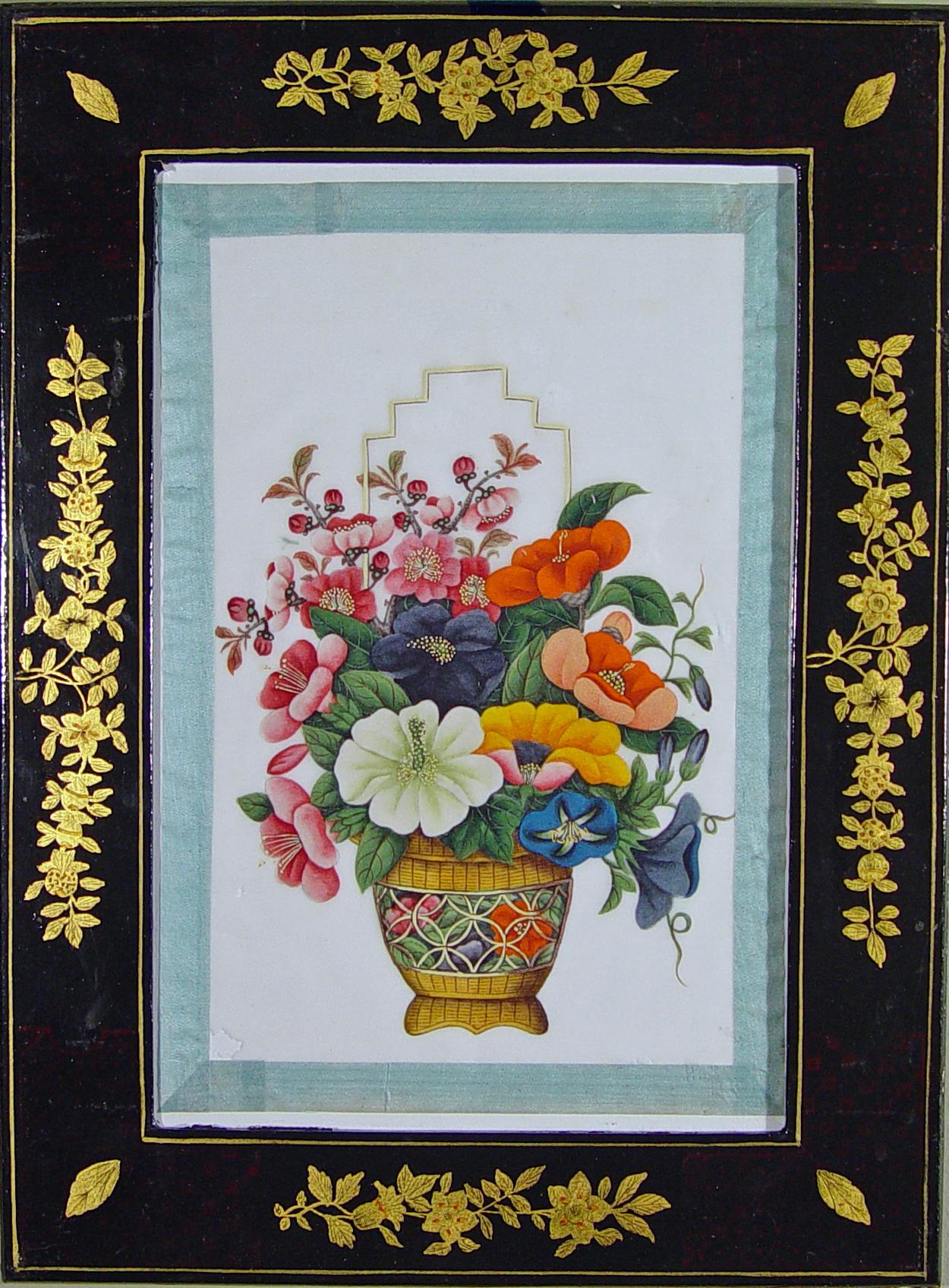 19th Century China Trade Watercolors of Flower Baskets with Chinoiserie Frames, A Set of Six For Sale