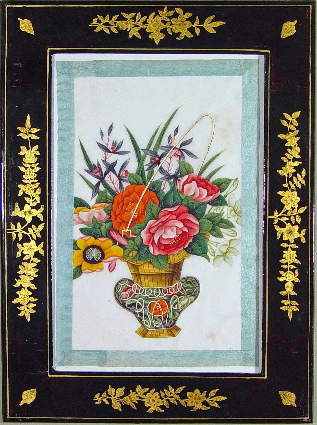 Paper China Trade Watercolors of Flower Baskets with Chinoiserie Frames, A Set of Six For Sale