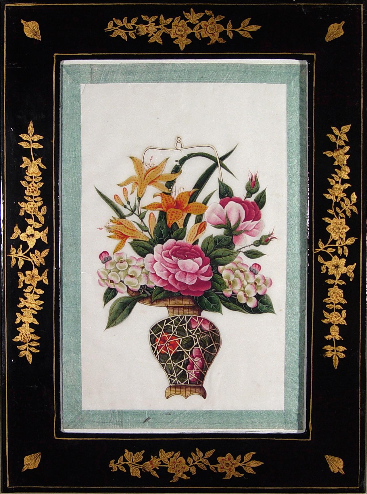 China Trade Watercolors of Flower Baskets with Chinoiserie Frames, A Set of Six For Sale 1