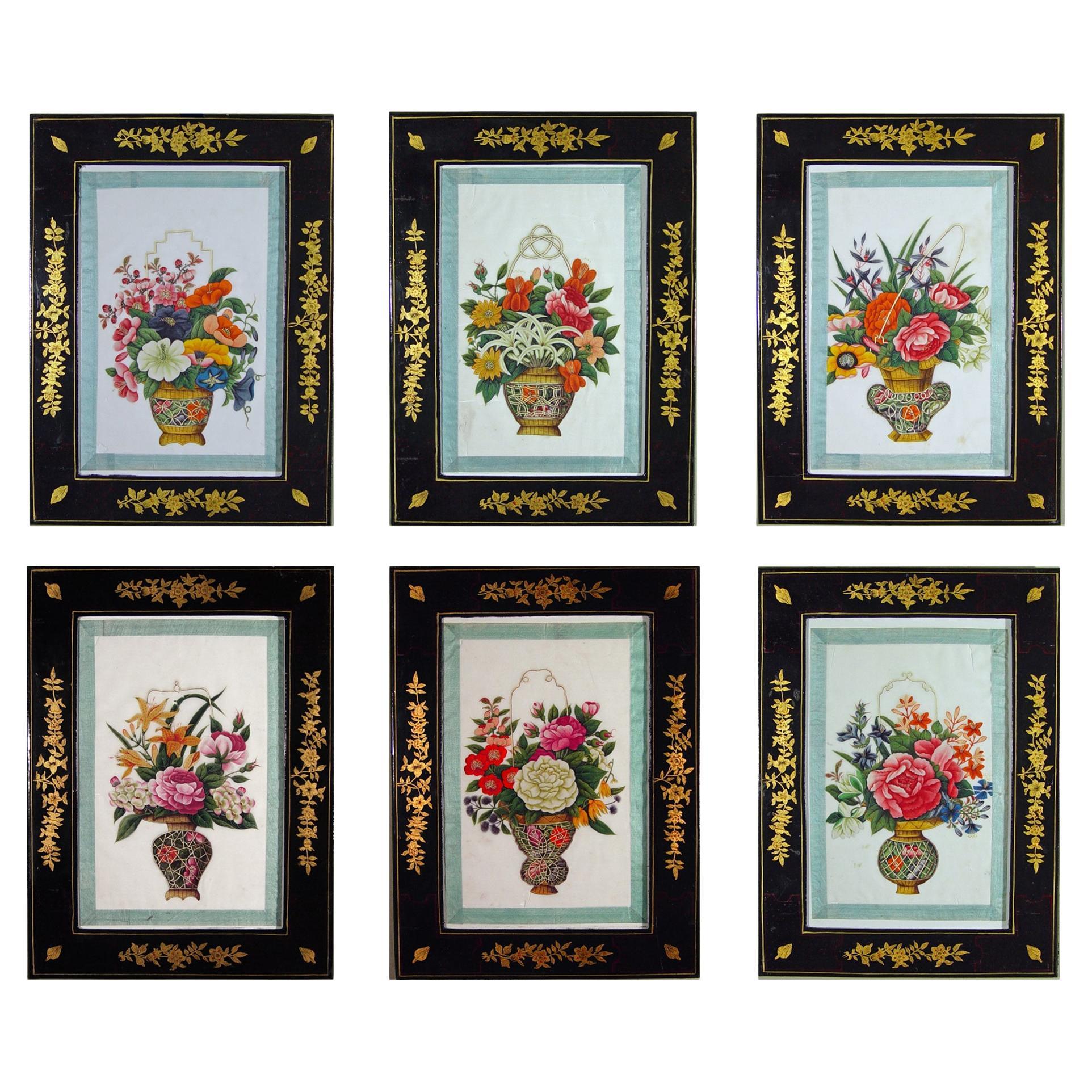 China Trade Acuarelas de Cestas de Flores con Marcos de Chinoiserie, Lote de Seis