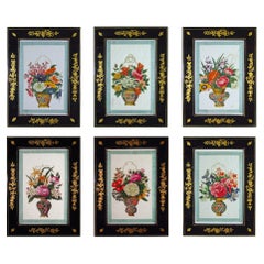 Antique China Trade Watercolors of Flower Baskets with Chinoiserie Frames, A Set of Six