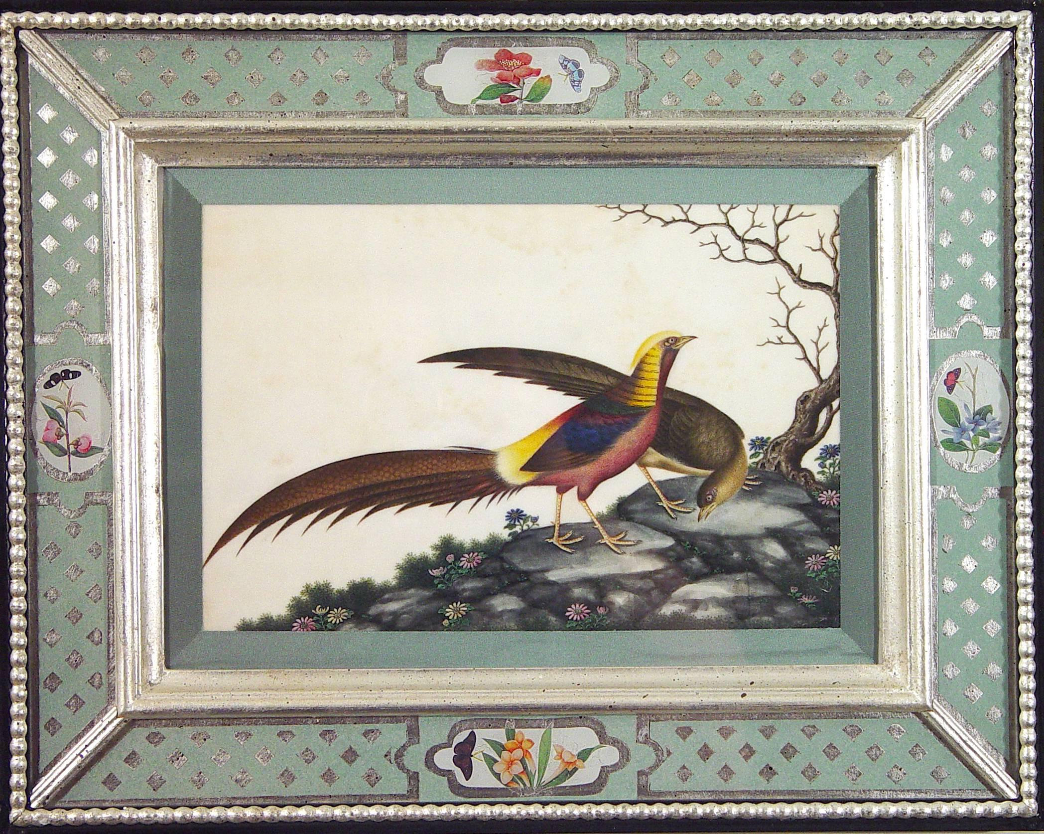 China trade watercolors of birds in églomisé frames,
Circa 1840.

The pair of China trade pith watercolors are within an églomisé and decoupage frame. 

Dimensions: 13½ inches x 17¼ inches wide.