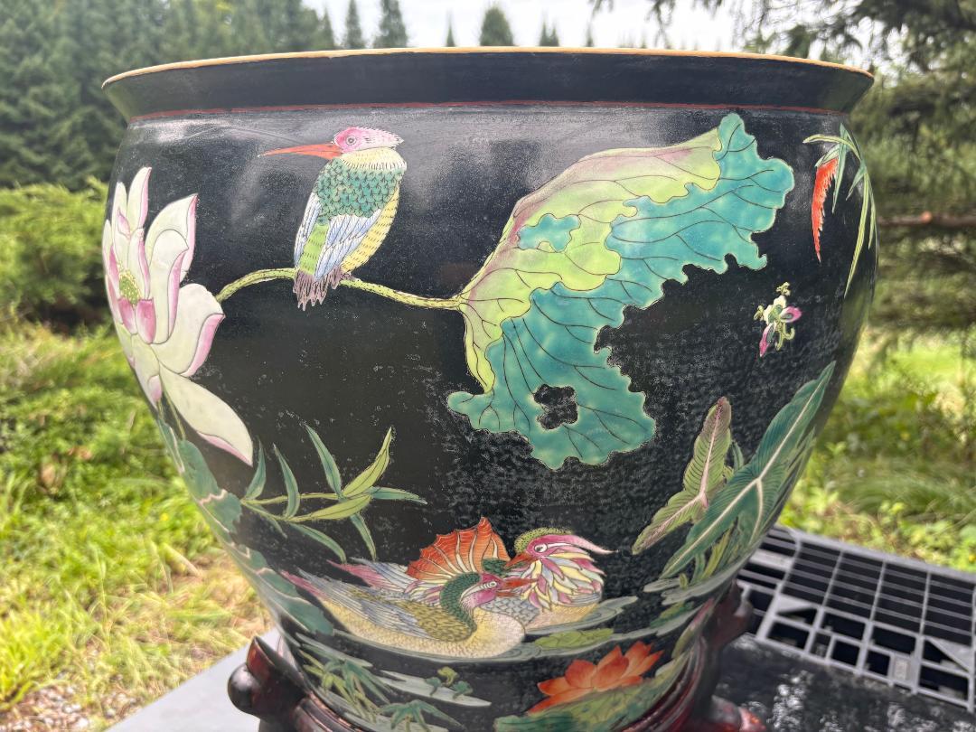 China Vintage Big Gold Fish & Birds Planter Bowl with Stand, Vibrant Colors For Sale 4