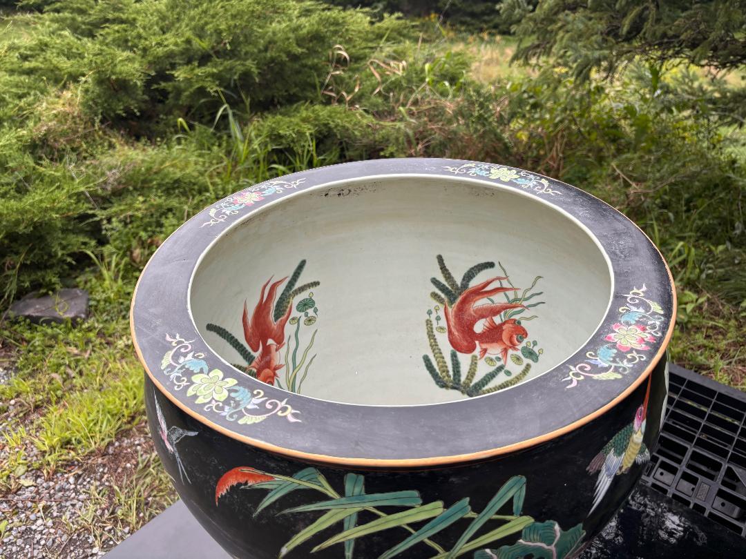 China Vintage Big Gold Fish & Birds Planter Bowl with Stand, Vibrant Colors For Sale 9