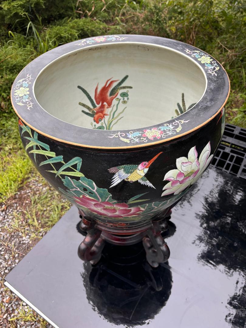 China Vintage Big Gold Fish & Birds Planter Bowl with Stand, Vibrant Colors For Sale 11