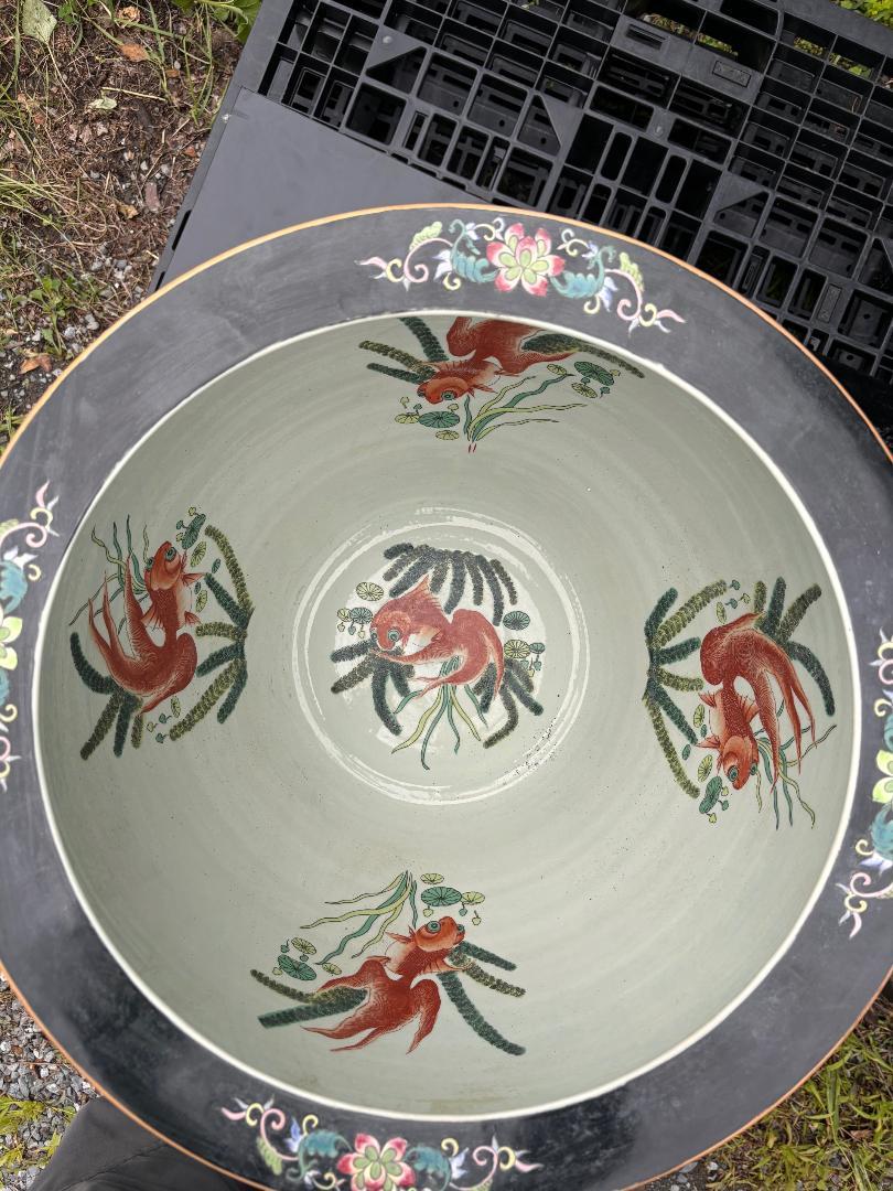 Glazed China Vintage Big Gold Fish & Birds Planter Bowl with Stand, Vibrant Colors For Sale