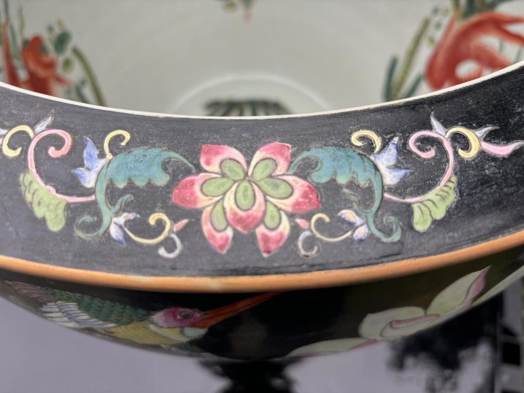 Ceramic China Vintage Big Gold Fish & Birds Planter Bowl with Stand, Vibrant Colors For Sale