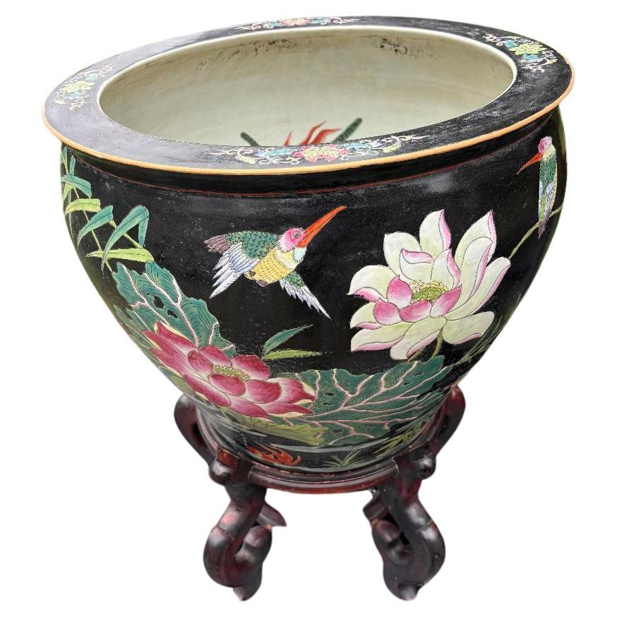 China Vintage Big Gold Fish & Birds Planter Schüssel mit Stand, lebendige Farben