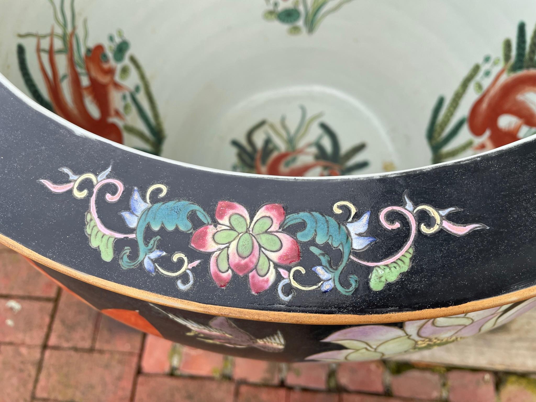 China Vintage Big Koi & Birds Planter Koi Bowl with Hardwood Stand 1
