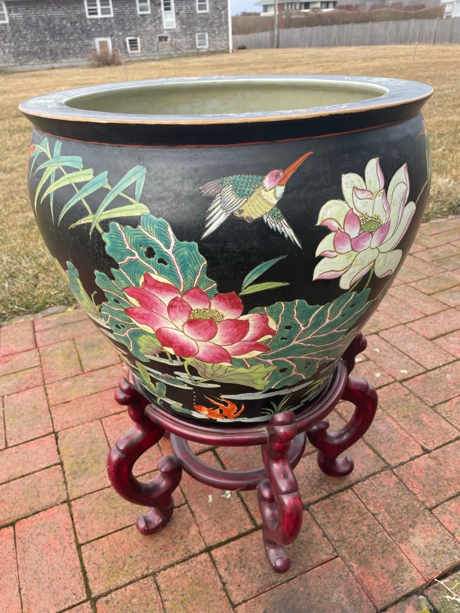 China Vintage Big Koi & Birds Planter Koi Bowl with Hardwood Stand 2