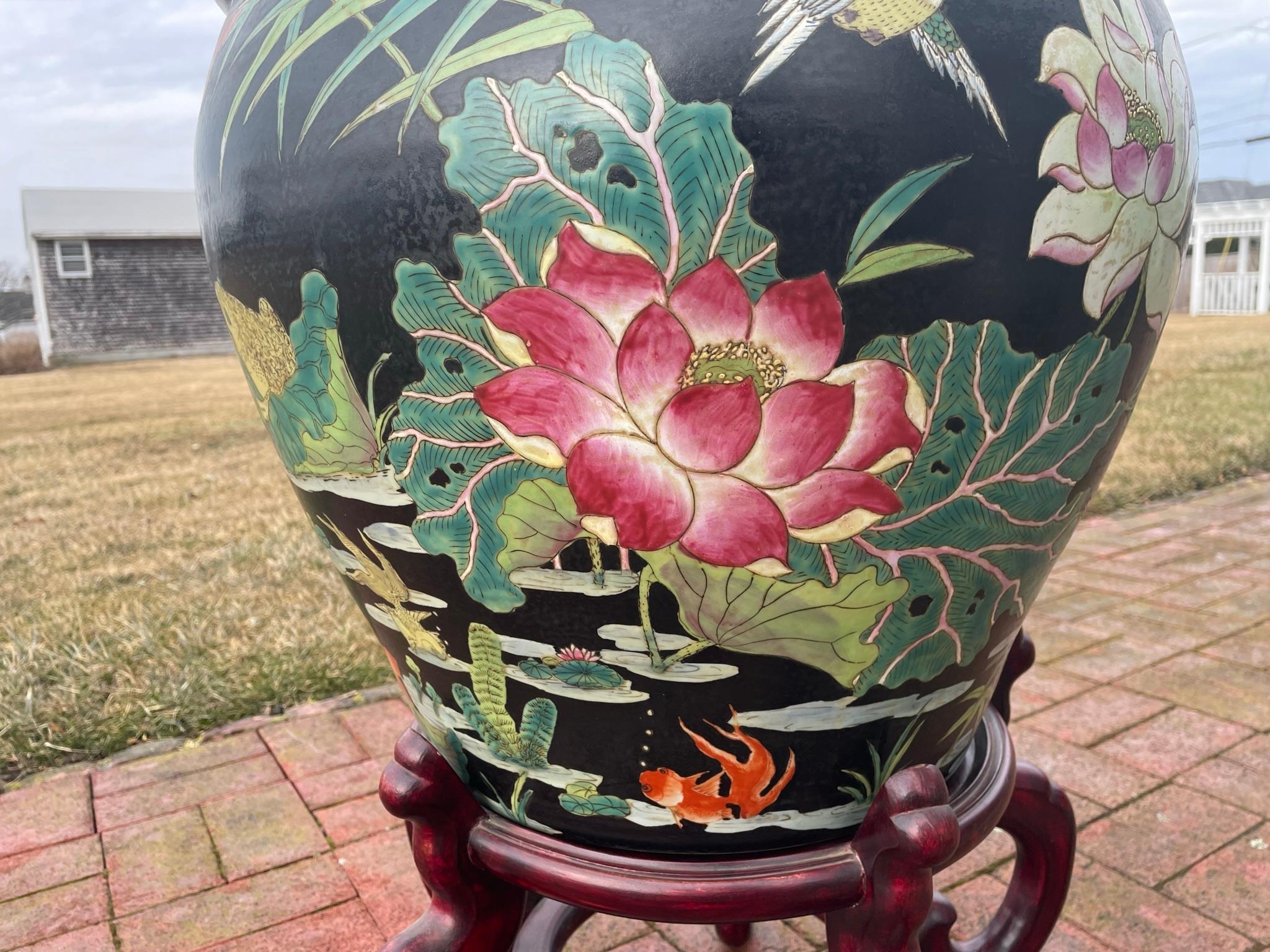 China Vintage Big Koi & Birds Planter Koi Bowl with Hardwood Stand 4