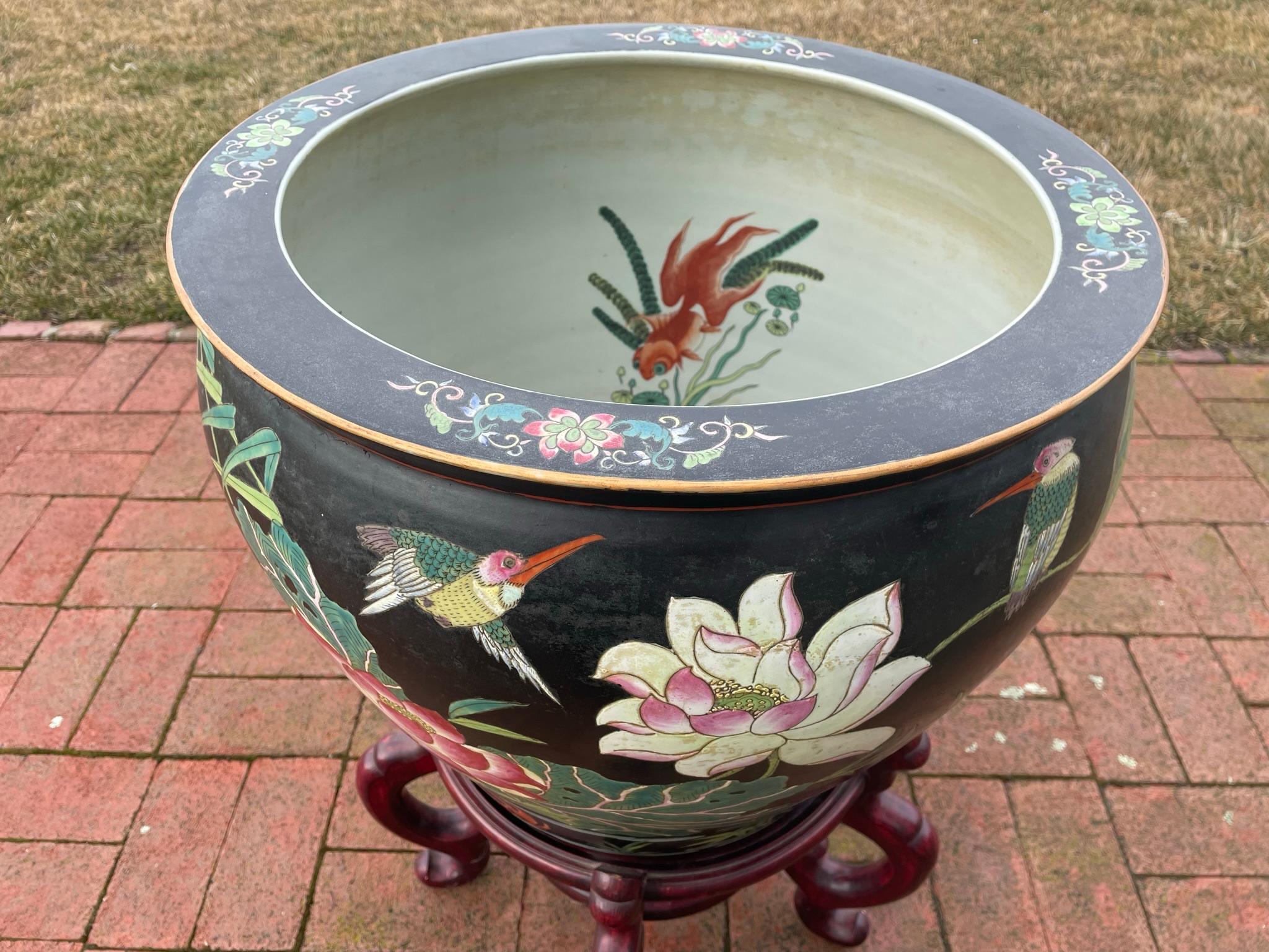 China Vintage Big Koi & Birds Planter Koi Bowl with Hardwood Stand 5