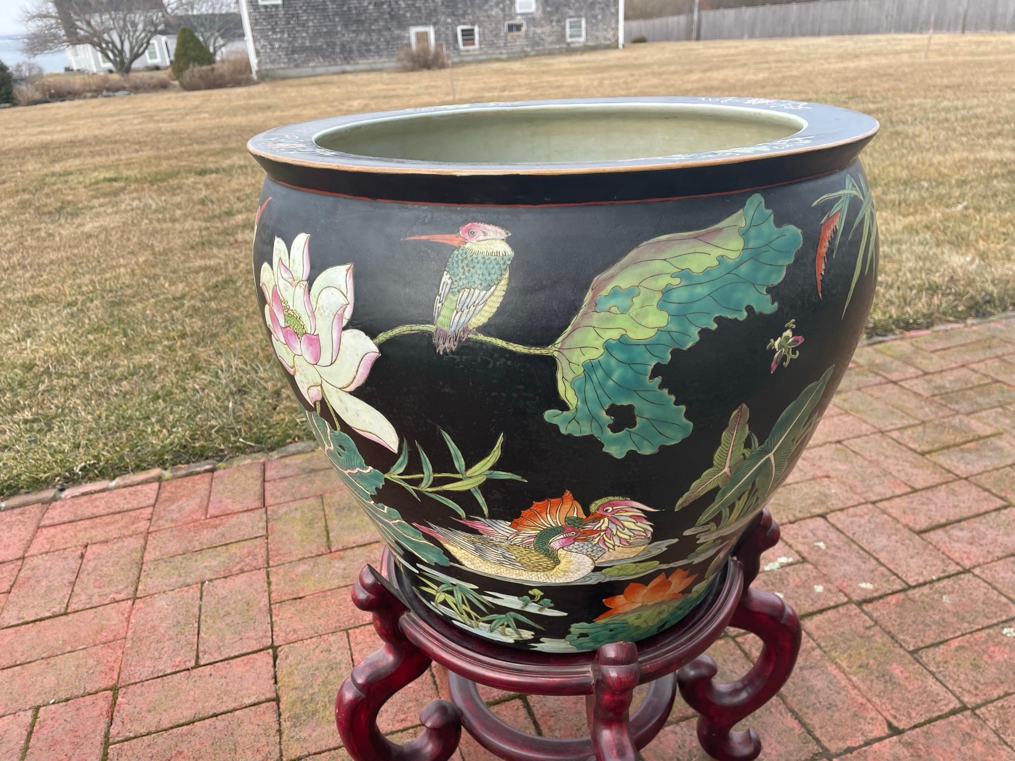 China Vintage Big Koi & Birds Planter Koi Bowl with Hardwood Stand 7