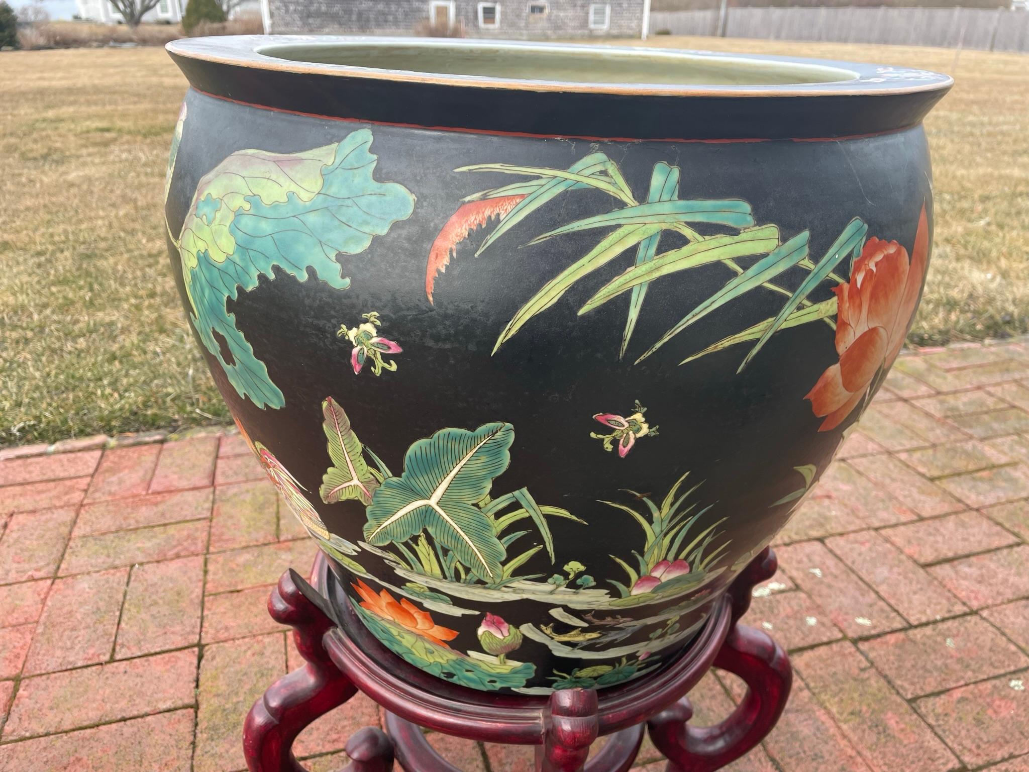 China Vintage Big Koi & Birds Planter Koi Bowl with Hardwood Stand 8