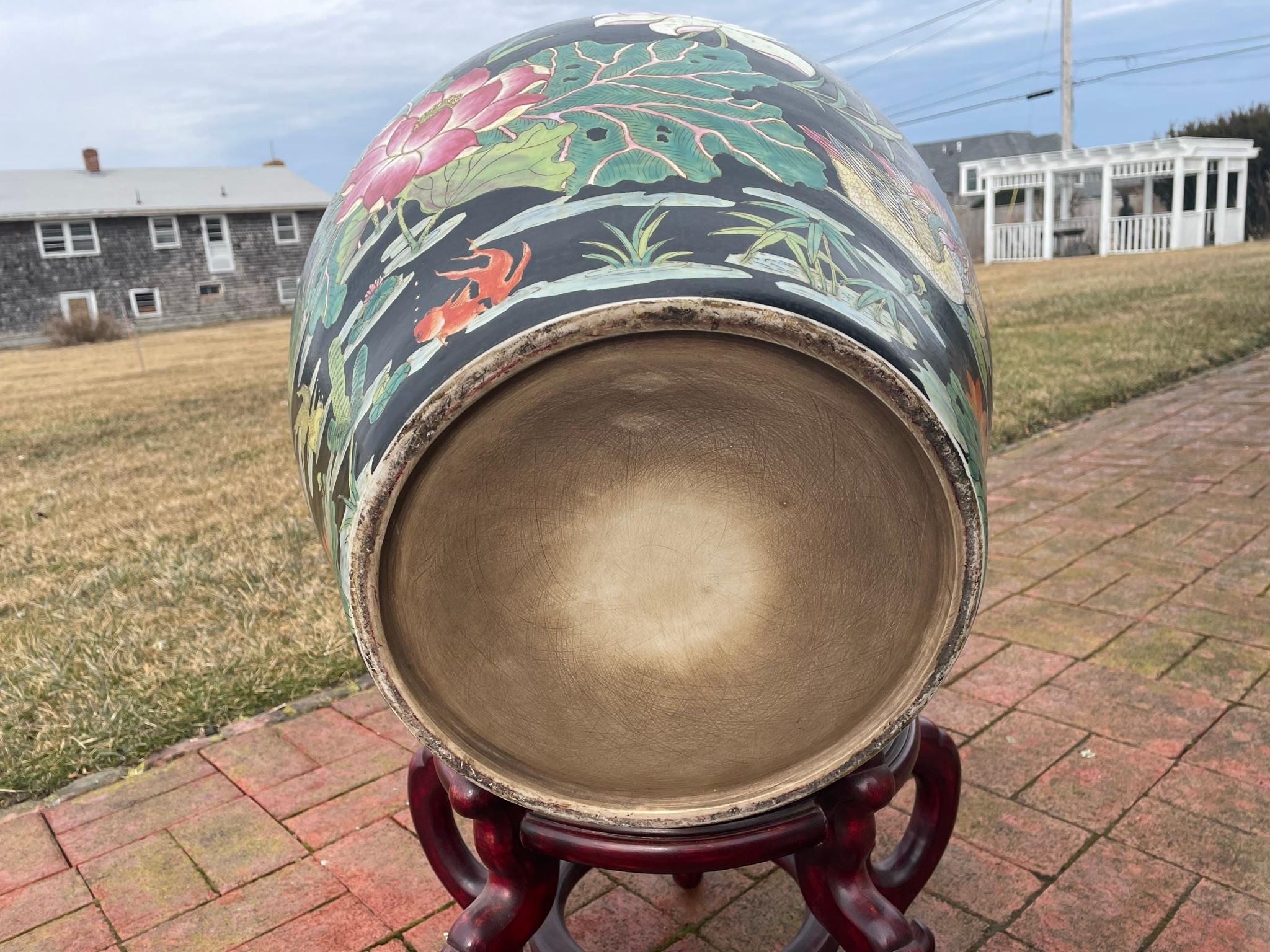 China Vintage Big Koi & Birds Planter Koi Bowl with Hardwood Stand 10