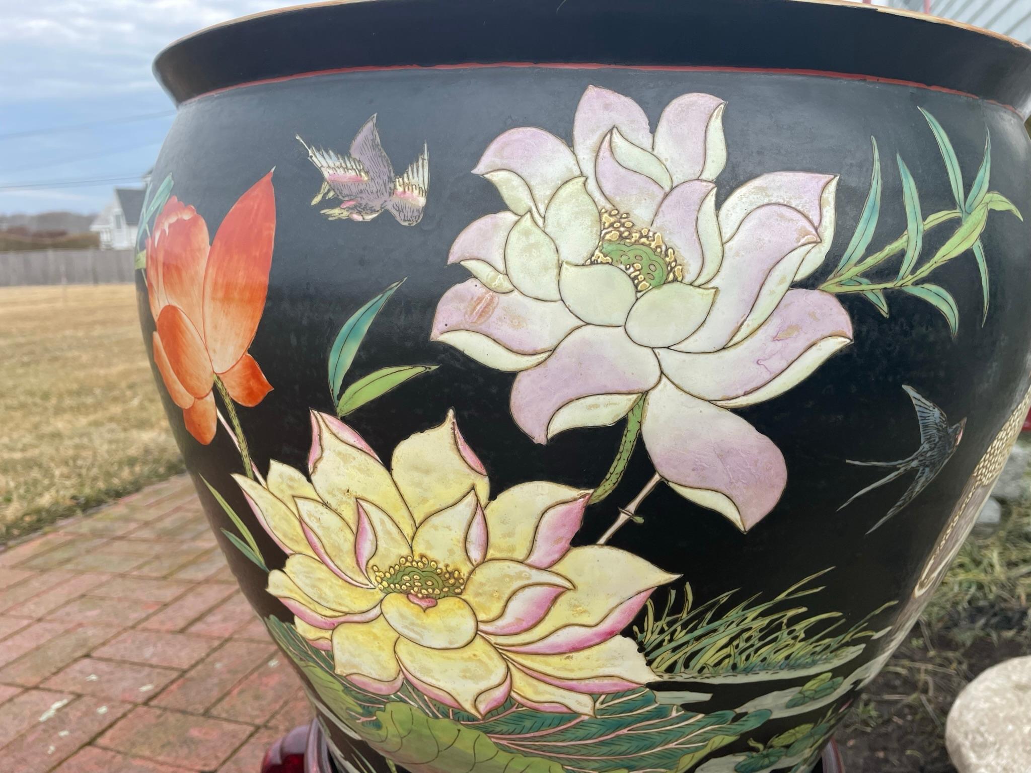 Chinese China Vintage Big Koi & Birds Planter Koi Bowl with Hardwood Stand