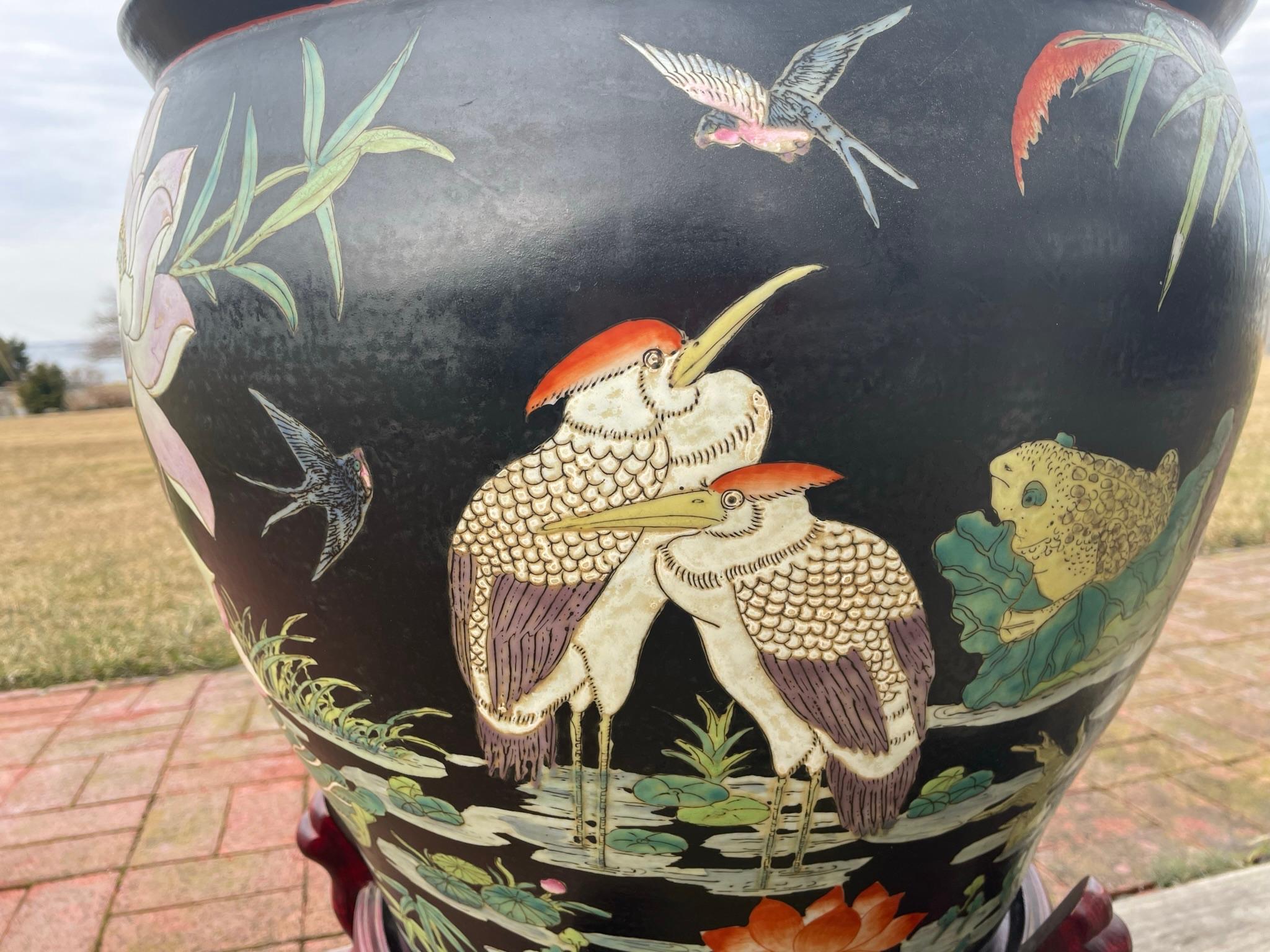 Glazed China Vintage Big Koi & Birds Planter Koi Bowl with Hardwood Stand