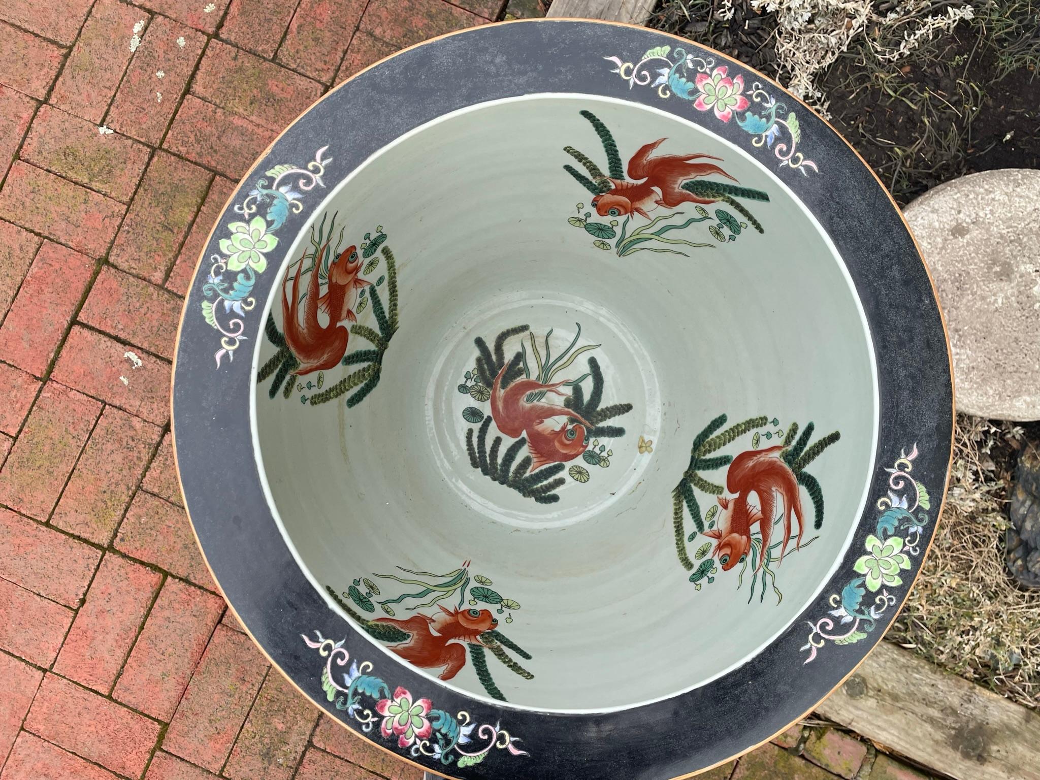 China Vintage Big Koi & Birds Planter Koi Bowl with Hardwood Stand In Good Condition In South Burlington, VT