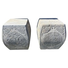 China Vintage Pair Hand-Carved Limestone Garden Stools Display Pedestals
